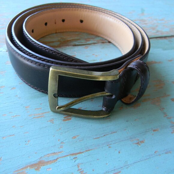 Lands End Belt Men's 40  Brown Leather Preppy Casual Dress OFFICE BRASS BUCKLE - Picture 1 of 5